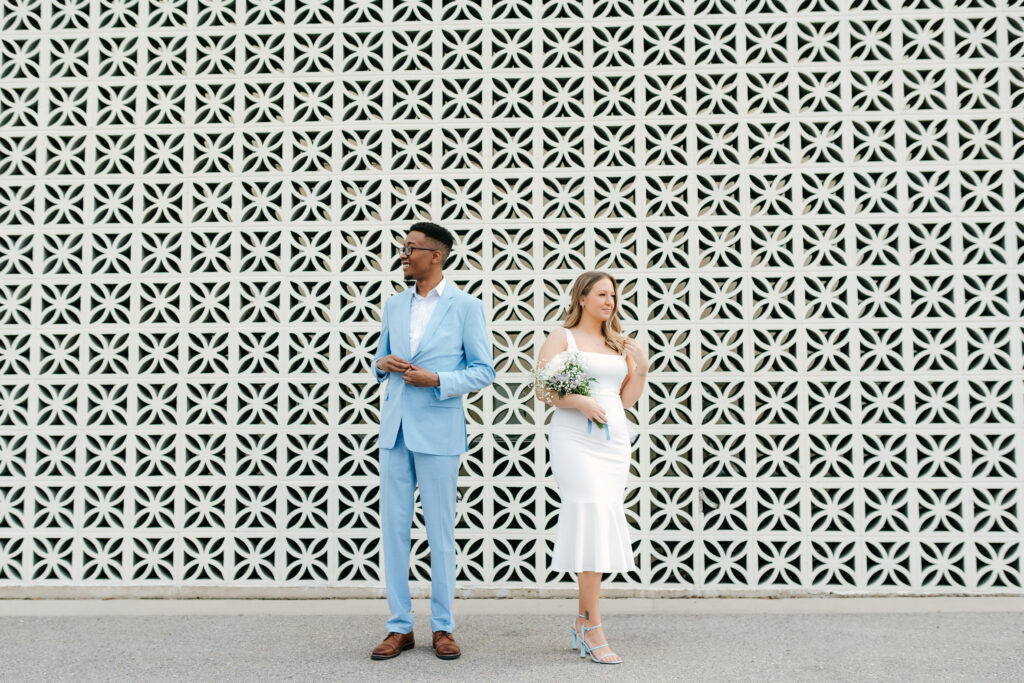 bride and groom portrait downtown grand rapids, michigan after their courthouse elopement